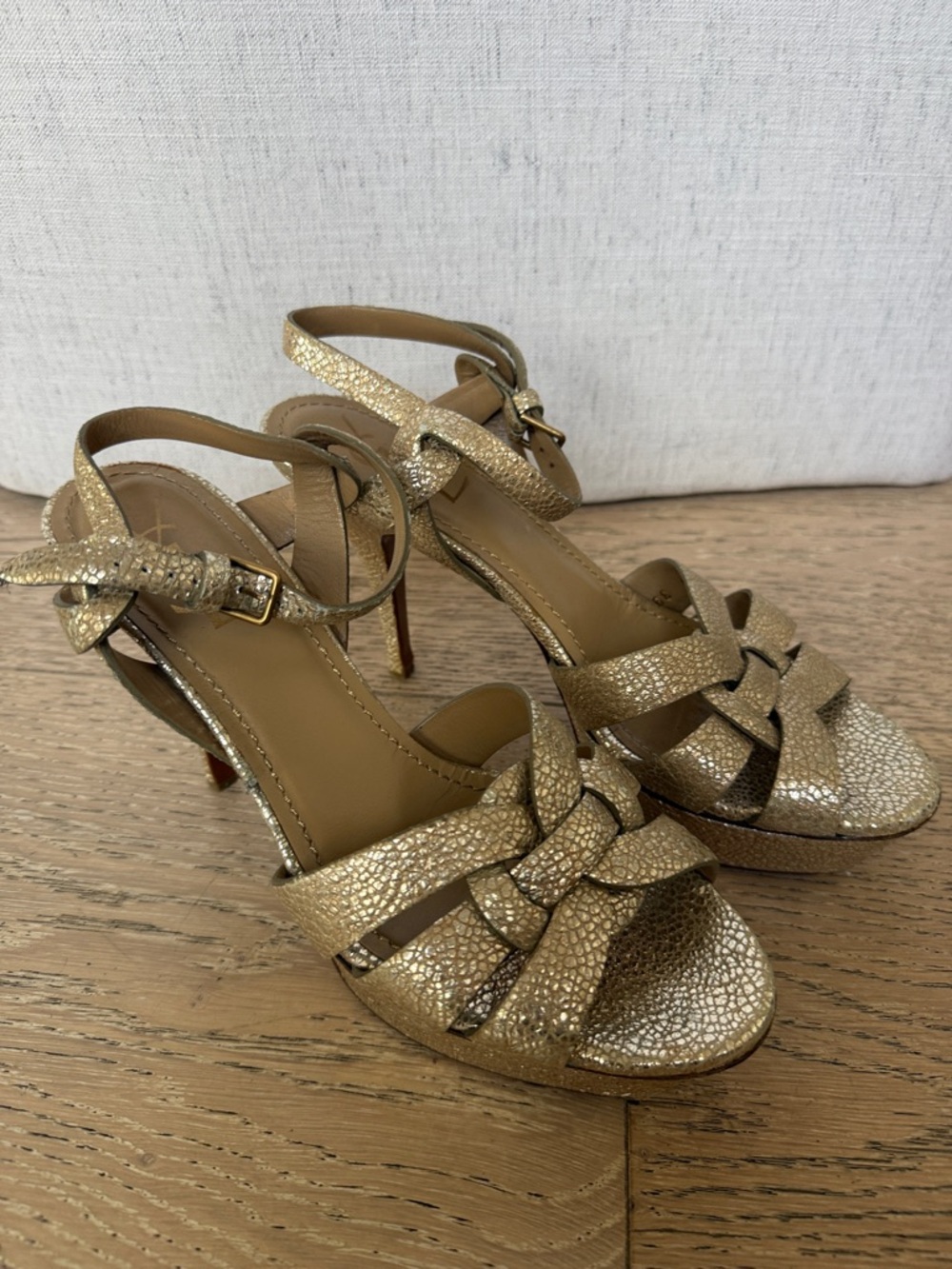 Yves Saint Laurent Metallic Gold Braided Tribute Heels